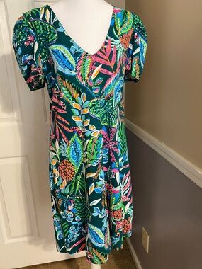 Lilly Pulitzer Teal Tropical-Print V-Neck Midi Dress